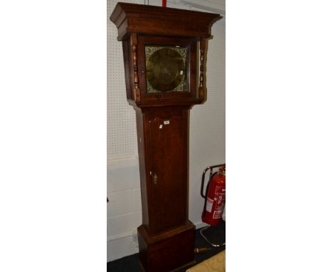 A George III oak longcase clock, the brass square dial with Arabic numerals, the hood with moulded cornice, free standing pil