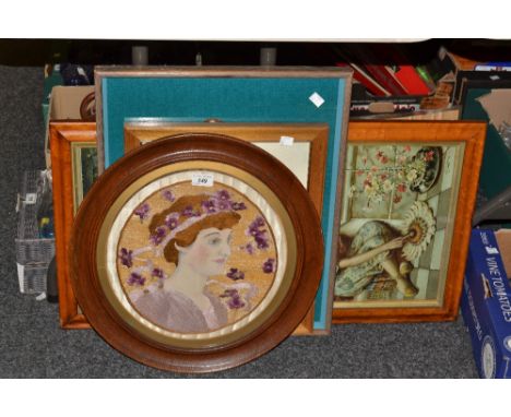 Pictures and Embroidery - a silk embroidered portrait with maiden and violets, in a round frame; prints;  etc 