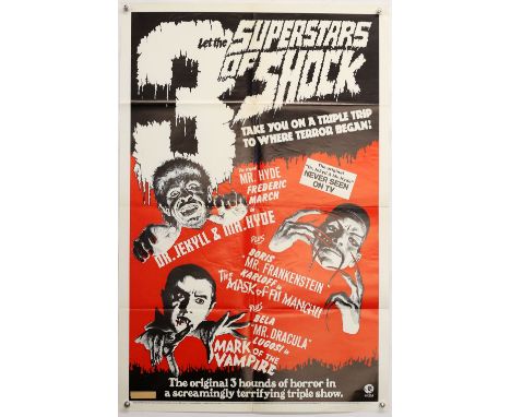 3 Superstars of Shock (R-1972) US One Sheet film poster, starring Bela Lugosi, Boris Karloff and Frederic March, folded, 27 x