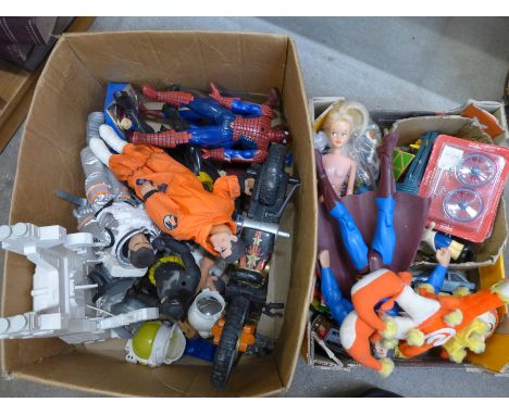 Two boxes of toys, model vehicles, super hero figure, Action Man, etc.