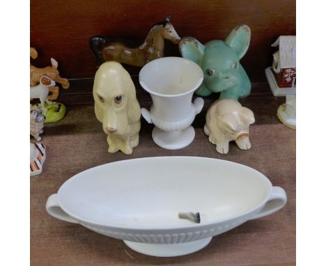 A Sylvac 'sad' dog, a model of a pig, a green Bonzo dog, Wedgwood vase and planter and a model of a horse, horse a/f, (6)