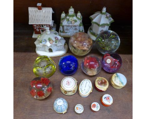 Seven paperweights including glass, eight enamel trinket pots and four Coalport houses