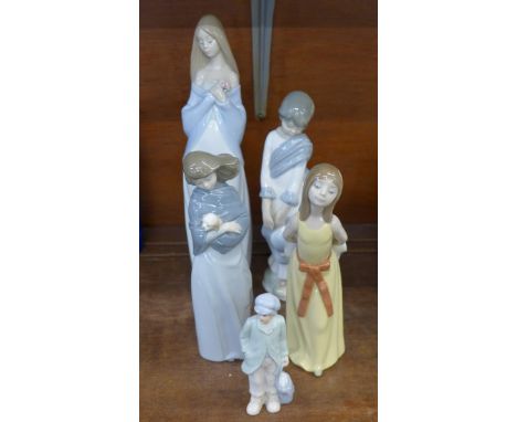 A tall Nao figure, 35cm, petals a/f, a Lladro figure of a girl in a yellow dress, a/f, and three other figures