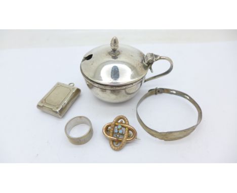 A silver locket, a silver child's bangle, a Victorian silver wedding ring, a gold fronted, opal and pearl brooch, a/f, and a 