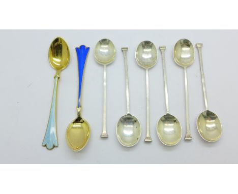 Six silver coffee spoons and two Norwegian silver and enamel spoons, 58g