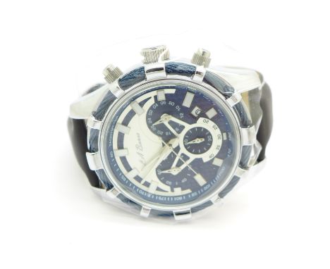 A L.A. Banus rope bezel chronograph wristwatch, silver coloured case, blue and white dial, black leather strap