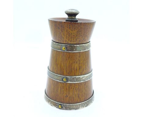 A silver mounted oak pepper grinder, Birmingham 1902, John Grinsell &amp; Sons