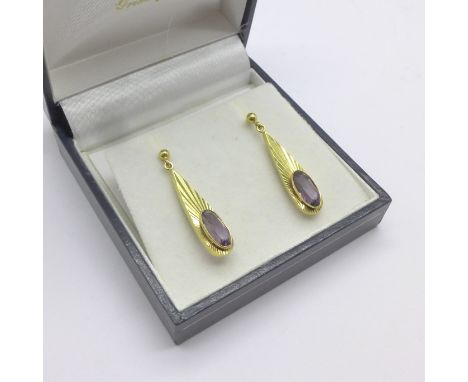 A pair of 9ct gold and amethyst drop earrings, 2.8g