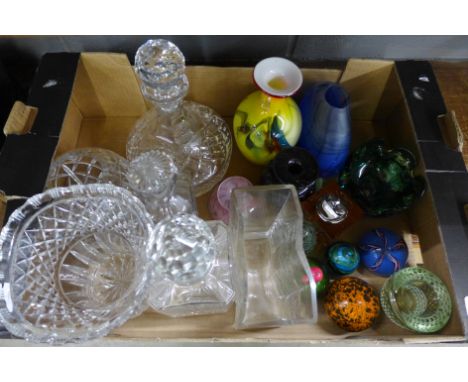 Three cut glass vases, a green glass perfume bottle with applicator, four paperweights, one signed, a glass table lighter and