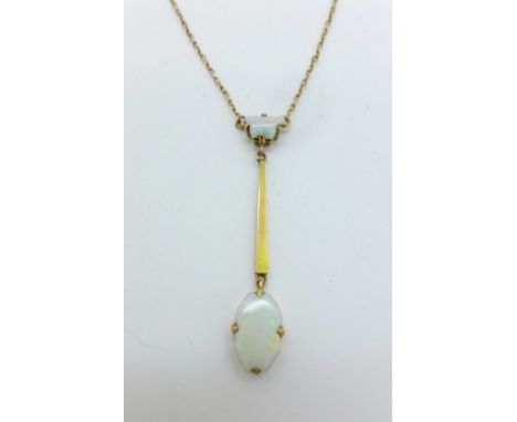 An opal drop necklace set in 9ct gold, 2.1g, opal with small chip on the inside