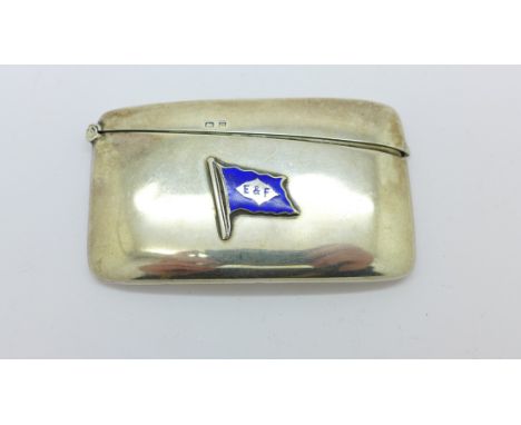 A silver card case with applied enamel flag marked E &amp; F, Birmingham 1913