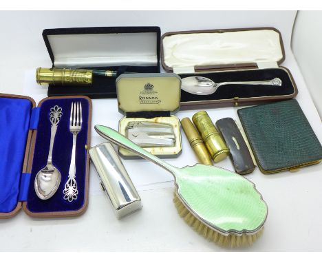 Assorted silver plated items, a pen, a Ronson lighter, a carved bone comb, etc.