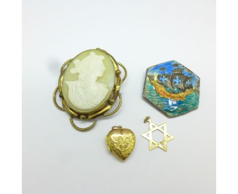 A 9ct gold Star of David pendant, a 9ct gold back and front locket, a large cameo brooch and an enamelled brooch, enamel a/f