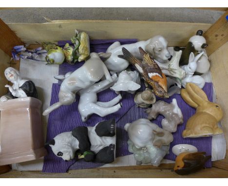 A collection of animal, bird and other figures, including Royal Copenhagen, USSR, Lladro, Goebel, Sylvac, etc., some a/f