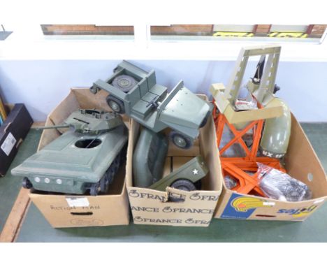Action Man vehicles, jeep and supply trailer, helicopter, lacking tail, horse armour, tank and training tower