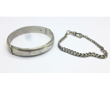 A silver bangle and a silver chain, 43g