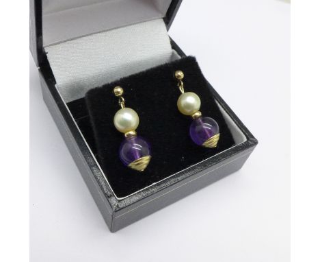 A pair of 9ct gold, pearl and amethyst drop earrings