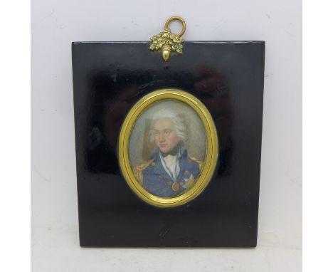 A 19th Century portrait miniature of Horatio Nelson, watercolour on ivory, in an ebonised frame with brass hanger