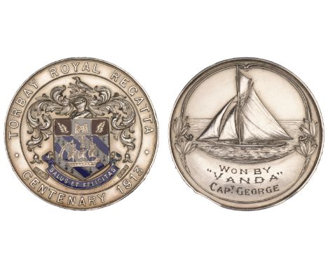 Centenary of the Royal Regatta, Torbay, 1913, a silver and enamel award medal by W.J. Dingley, borough arms and crest, rev. R