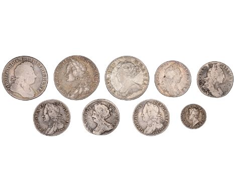 James II, Twopence, 1686 (S 3416); William III, Sixpences (2), 1696c, 1696y (S 3522, 3525); Anne, Shilling, 1708, third bust,