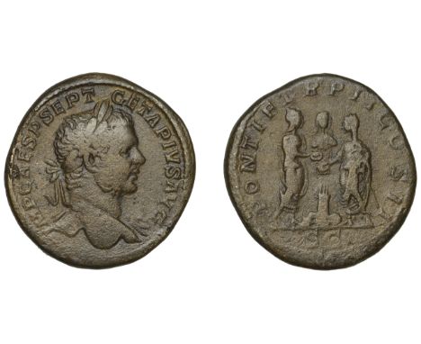 Roman Imperial Coinage, Geta (209-212), Sestertius, Rome, 210, laureate bust right, drapery on left shoulder, imp caes p sept