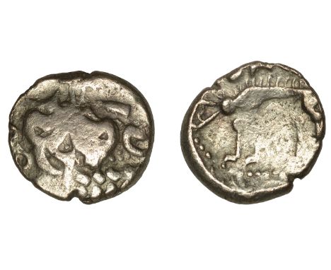 British Iron Age, ICENI, Early Uninscribed issues, base gold Stater, British J [Norfolk Wolf type], degraded head of Apollo r
