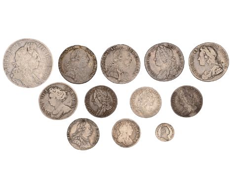 William III, Halfcrown, 1697, edge nono, Sixpence, 1696, first harp (S 3487, 3520, 3549); Anne, Shilling, 1711, third bust (S