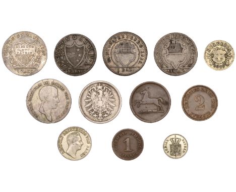 Germany, BADEN, Leopold I, 6 Kreuzer, 1832 (KM. 198.1); BAVARIA, Ludwig I, Kreuzer, 1839 (KM. 799); together with other Germa
