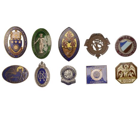 School of Mothercraft, Liverpool, a silver and enamel badge, 39 x 24mm; together with miscellaneous nursing badges (9) [10]. 