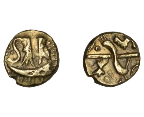 British Iron Age, BELGAE, Uninscribed series, gold Quarter-Stater, British O [Hampshire Thunderbolt type], stylised boat with
