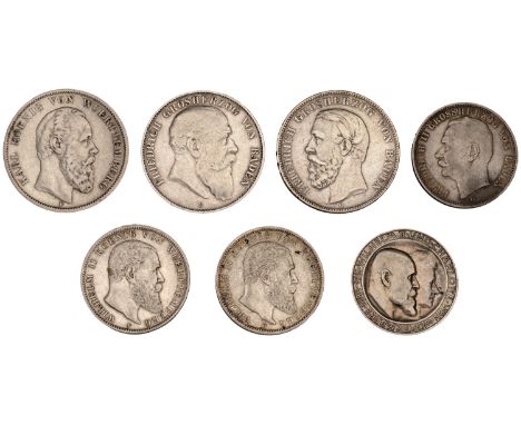 Germany, Baden, Friedrich I, Five Marks (2), 1876g, 1903g (KM. 263, 272); Friedrich II, Three Marks, 1910g (KM. 274); WÜRTTEM