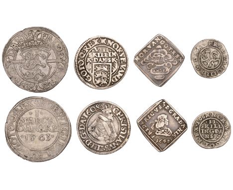 Denmark, Frederick II, Mark Dansk, 1563, Copenhagen, 9.23g/3h (Sieg 15.2); Christian IV, Eight Skilling Dansk, 1608, Helsingø