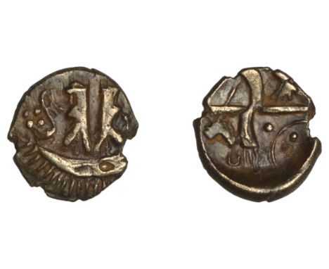 British Iron Age, BELGAE, Uninscribed series, base gold Quarter-Stater, British O [Hampshire Thunderbolt type], stylised boat