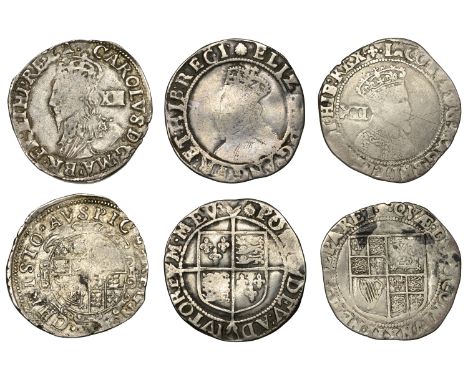 Elizabeth I, Sixth issue, Shilling, mm. escallop over A, bust 3B, 5.77g/7h (N 2014; S 2577); James I, Second coinage, Shillin
