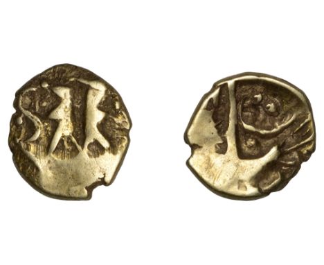 British Iron Age, BELGAE, Uninscribed series, gold Quarter-Stater, British O [Hampshire Thunderbolt type], stylised boat with