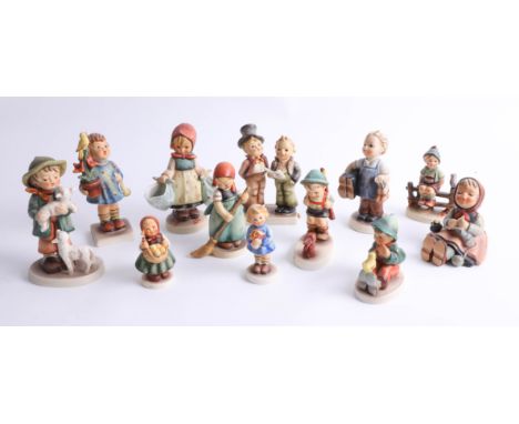 A collection of twelve Hummel figures including 'Boots', 'Sensitive Hunter', 'Little Sweeper', 'Singing Lesson' together with