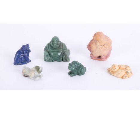 A carved hardstone green Buddha, carved ivory netsuke and four other carvings (6).