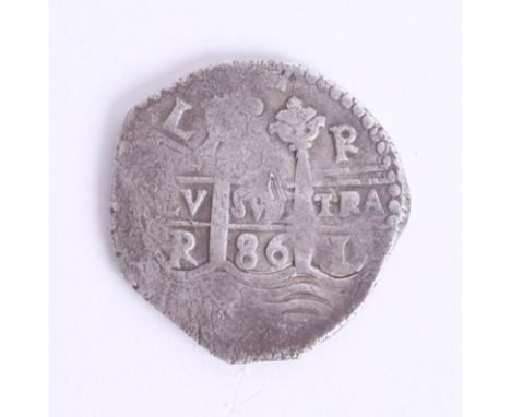 Wreck coin, a Spanish 8 Reales silver (Piece of Eight coin) 1686, Lima.