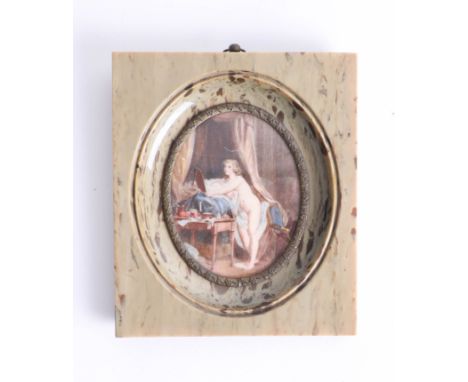 20th century Continental miniature portrait, lady at her dressing table, marble effect frame, size inc frame 14cm x 12cm.