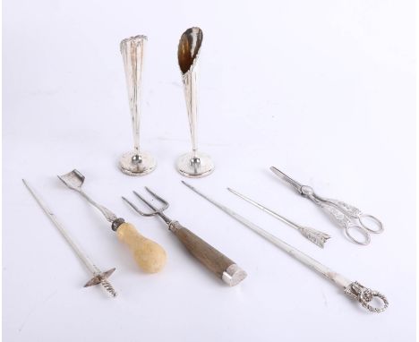 A pair silver spill vases, height 21cm, approximately 6.8oz, together with a stilton cheese scoop, a silver mounted bread for