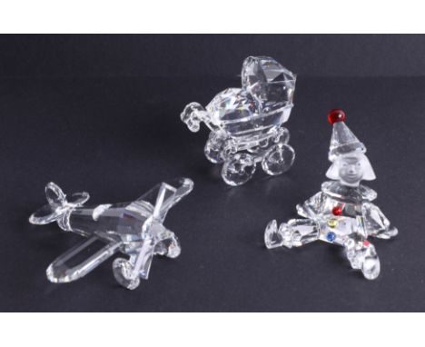 Swarovski Crystal Glass, Baby pram, Puppet and Airplane (3), boxed.