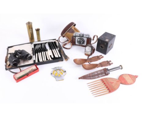 Mixed collection to include Carl Zeiss binoculars, AA car badge, Ilford Sportsman camera, silver plated wares etc.