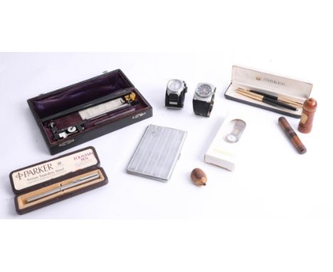 Mixed collection including Parker 61 pens, Parker arrow pen, dress watches, Platometer etc.