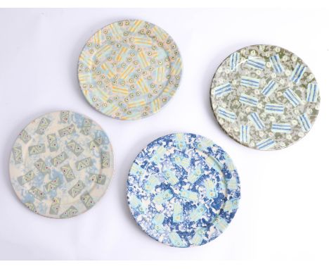 John Pollex, four ceramic 'sponge work' plates, 26cm diameter. John Pollex is a studio potter based in Plymouth.