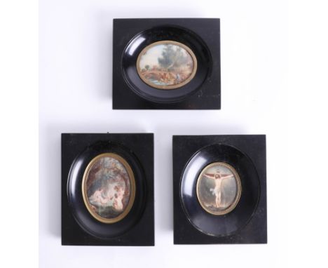 Three 20th century Continental miniature portrait incl landscape and Christ, largest frame size 12cm x 14cm.