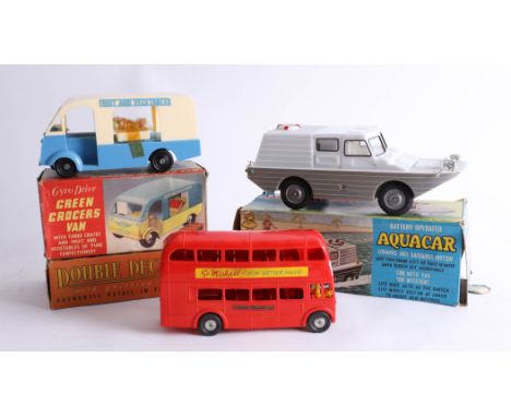 A collection of vintage boxed toys including London transport double decker bus, Gyro Drive greengrocers van and a Aquacar (3