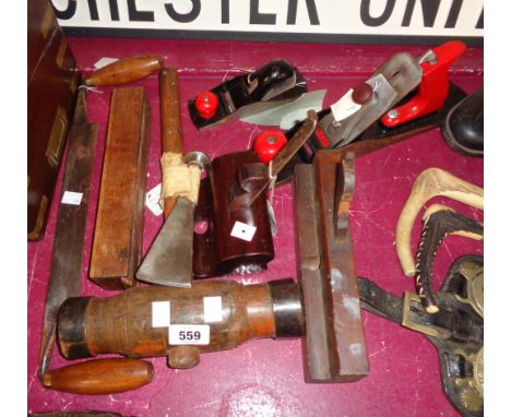 A collection of old tools including Este block plane, old woman's tooth plane, spoke shave, etc.