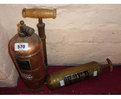 A vintage brass Dunford fire extinguisher - sold with a French copper pressurised sprayer