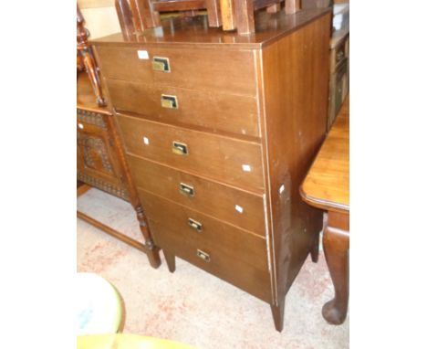 A 26" vintage Limelight Furniture stained mixed wood chest with flight of six long graduated drawers, set on square tapered l
