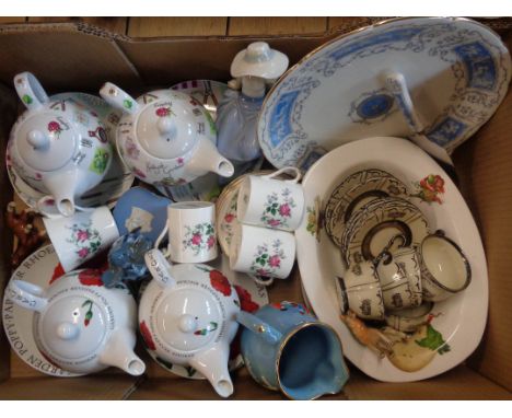 A box containing a quantity of assorted ceramics including Coalport cake plate, Nao figurine, etc.